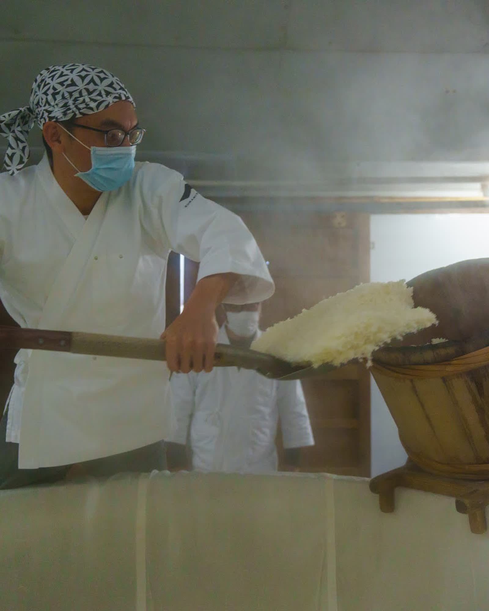Hansel lifting steamed rice out of the koshiki at Kitsukura brewery, Nagano