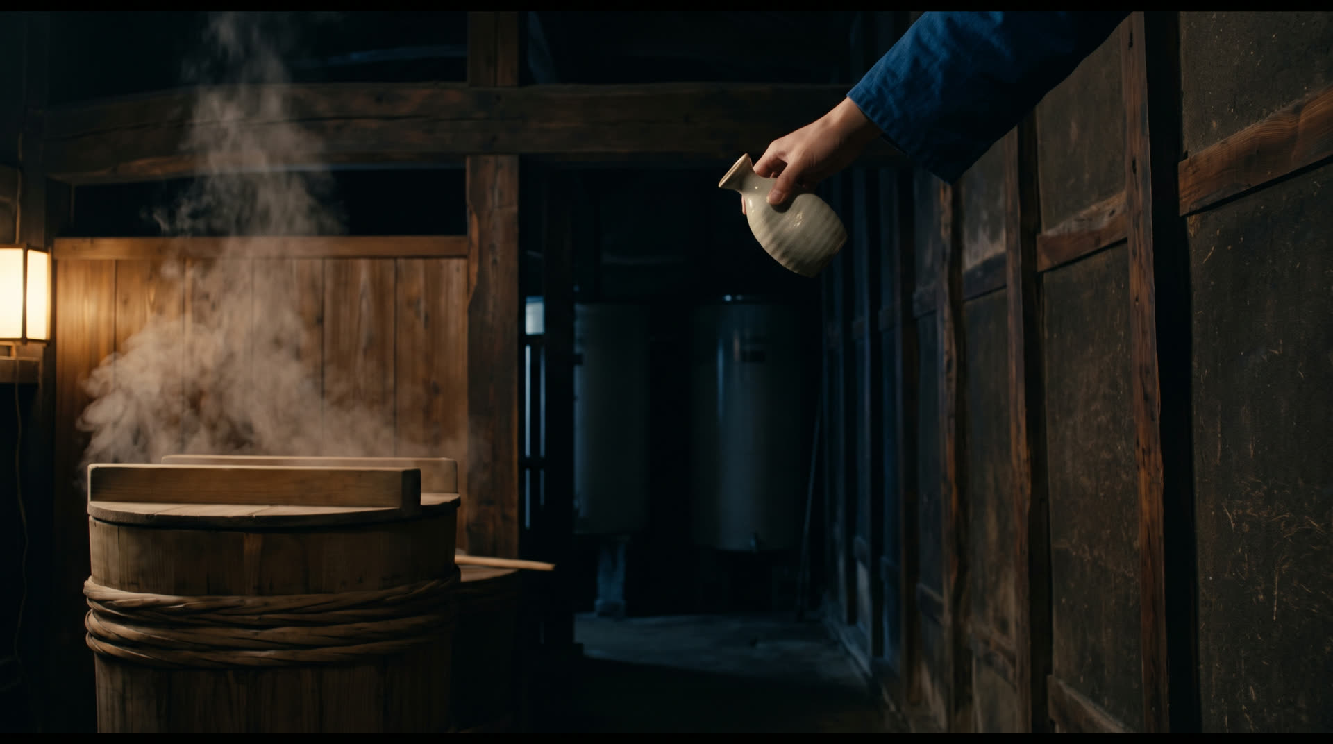 A sake brewery at night: a steaming rice steamer, and a hand tilting a tokkuri to pour